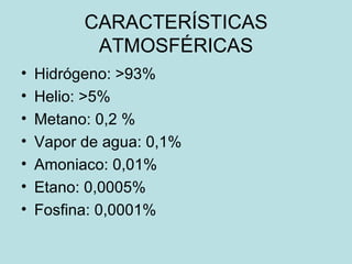 CARACTERÍSTICAS ATMOSFÉRICAS Hidrógeno: >93% Helio: >5% Metano: 0,2 % Vapor de agua: 0,1% Amoniaco: 0,01% Etano: 0,0005% Fosfina: 0,0001% 