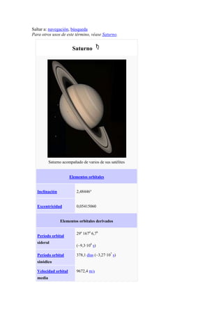 Saltar a: navegación, búsqueda
Para otros usos de este término, véase Saturno.
Saturno
Saturno acompañado de varios de sus satélites
Elementos orbitales
Inclinación 2,48446°
Excentricidad 0,05415060
Elementos orbitales derivados
Período orbital
sideral
29a
167d
6,7h
(~9,3·108
s)
Período orbital
sinódico
378,1 días (~3,27·107
s)
Velocidad orbital
media
9672,4 m/s
 