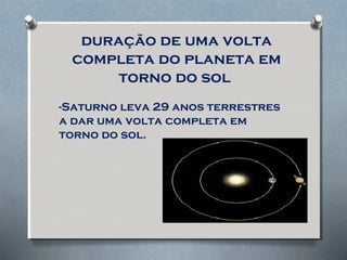 duração de uma volta
completa do planeta em
torno do sol
-Saturno leva 29 anos terrestres
a dar uma volta completa em
torno do sol.
 