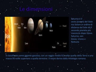 Le dimensioni
____
____
______
__
è classificato come gigante gassoso, con un raggio medio 9,5 volte quello della Terra e una
massa 95 volte superiore a quella terrestre. Il nome deriva dalla mitologia romana.
Saturno è il
sesto pianeta del Siste
ma Solare in ordine di
distanza dal Sole ed il
secondo pianeta più
massiccio dopo Giove.
Saturno, con
Giove, Urano e
Nettuno
 