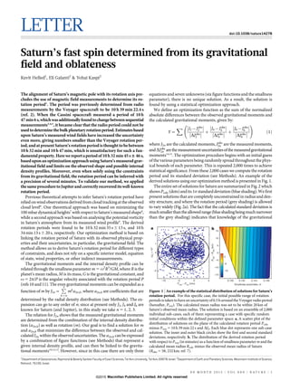 LETTER doi:10.1038/nature14278
Saturn’s fast spin determined from its gravitational
field and oblateness
Ravit Helled1
, Eli Galanti2
& Yohai Kaspi2
The alignment of Saturn’s magnetic pole with its rotation axis pre-
cludes the use of magnetic field measurements to determine its ro-
tation period1
. The period was previously determined from radio
measurements by the Voyager spacecraft to be 10 h 39 min 22.4 s
(ref. 2). When the Cassini spacecraft measured a period of 10 h
47min6s,whichwasadditionallyfoundtochangebetweensequential
measurements3,4,5
, it became clear that the radio period could not be
usedtodeterminethebulkplanetaryrotationperiod.Estimatesbased
upon Saturn’s measured wind fields have increased the uncertainty
even more, giving numbers smaller than the Voyager rotation per-
iod, andat present Saturn’s rotationperiodisthought tobe between
10 h 32 min and 10 h 47 min, which is unsatisfactory for such a fun-
damentalproperty.Herewereportaperiodof10h 32min 45s646 s,
baseduponanoptimizationapproachusingSaturn’smeasuredgrav-
itational field and limits on the observed shape and possible internal
density profiles. Moreover, even when solely using the constraints
from its gravitational field, the rotation period can be inferred with
a precision of several minutes. To validate our method, we applied
thesameproceduretoJupiterandcorrectlyrecovereditswell-known
rotation period.
Previous theoretical attempts to infer Saturn’s rotation period have
relied onwindobservationsderived fromcloud trackingattheobserved
cloud level6
. One theoretical approach was based on minimizing the
100 mbar dynamicalheights7
with respect toSaturn’smeasuredshape8
,
while a second approach was based on analysing the potential vorticity
in Saturn’s atmosphere from its measured wind profile9
. The derived
rotation periods were found to be 10 h 32 min 35 s 6 13 s, and 10 h
34min 13s 6 20s, respectively. Our optimization method is based on
linking the rotation period of Saturn with its observed physical prop-
erties and their uncertainties, in particular, the gravitational field. The
method allows us to derive Saturn’s rotation period for different types
of constraints, and does not rely on a specific interior model, equation
of state, wind properties, or other indirect measurements.
The gravitational moments and the internal density profile can be
relatedthrough the smallness parameter m 5 v2
R3
/GM, where R is the
planet’s mean radius, M is its mass, G is the gravitational constant, and
v 5 2p/P is the angular velocity associated with the rotation period P
(refs 10 and 11). The even gravitational moments can be expanded as a
function of m by J2n~
P3
k~n
mk
a2n,k, where a2n,k are coefficients that are
determined by the radial density distribution (see Methods). The ex-
pansion can go to any order of n; since at present only J2, J4 and J6 are
known for Saturn (and Jupiter), in this study we take n 5 1, 2, 3.
The relation for J2n shows that the measured gravitational moments
are determined from the combination of the internal density distribu-
tion (a2n,k) as well as rotation (m). Our goal is to find a solution for m
and a2n,k that minimizes the difference between the observed and cal-
culated J2n withinthe observed uncertainties.The a2n,k can beexpressed
by a combination of figure functions (see Methods) that represent a
given internal density profile, and can then be linked to the gravita-
tional moments10,12,13
. However, since in this case there are only three
equations and seven unknowns (six figure functions and the smallness
parameter), there is no unique solution. As a result, the solution is
found by using a statistical optimization approach.
We define an optimization function as the sum of the normalized
absolute differences between the observed gravitational moments and
the calculated gravitational moments, given by:
Y~
X J2{Jobs
2




DJobs
2



 z
J4{Jobs
4




DJobs
4



 z
J6{Jobs
6




DJobs
6




!
ð1Þ
where J2n are the calculated moments, Jobs
2n are the measured moments,
andDJobs
2n arethemeasurementuncertaintiesofthemeasuredgravitational
moments14,15
. The optimization procedure begins with an initial guess
of the various parameters being randomlyspread throughout thephys-
ical bounds of each parameter. This is repeated 2,000 times to achieve
statistical significance. From these 2,000 cases we compute the rotation
period and its standard deviation (see Methods). An example of the
derived solutions using our optimization method is presented in Fig. 1.
The entire set of solutions for Saturn are summarized in Fig. 2 which
showsPcalc (dots)andits1s standarddeviation(blueshading).Wefirst
present solutions that are completely unconstrained in radius and den-
sity structure, and where the rotation period (grey shading) is allowed
to vary widely (Fig. 2a). The fact that the calculated standard deviation is
muchsmallerthantheallowedrange(blueshadingbeingmuchnarrower
than the grey shading) indicates that knowledge of the gravitational
1
Department of Geosciences, Raymond  Beverly Sackler Faculty of Exact Sciences, Tel Aviv University, Tel Aviv, 69978, Israel. 2
Department of Earth and Planetary Sciences, Weizmann Institute of Science,
Rehovot, 76100, Israel.
–10 –5 0 5
–2
–1
0
1
2
Pcalc – Pvoy (min)
ΔJ2×107
a
Smallness parameter, m
Rcalc–Robs(km)
b
0.140 0.142 0.144 0.146
–10
10
15
5
0
–5
–15
1σ1σ1σ
2σ2σ2σ
–10
–5
0
Figure 1 | An example of the statistical distribution of solutions for Saturn’s
rotation period. For this specific case, the initial possible range of rotation
periodsis taken to have an uncertainty of0.5 h around theVoyager radio period
(hereafter, Pvoy). The calculated mean radius was set to be within 20 km of
Saturn’s observed mean radius. The solution is based on an ensemble of 2,000
individual sub-cases, each of them representing a case with specific random
initial conditions within the defined parameter space. a, A scatter plot of the
distribution of solutions on the plane of the calculated rotation period Pcalc
minus Pvoy 5 10 h 39 min 22 s and DJ2. Each blue dot represents one sub-case
solution. The inner and outer black circles show the first and second standard
deviations, respectively. b, The distribution of the derived rotation period
with respect to Pvoy (in minutes) as a function of smallness parameter m and the
calculated mean radius Rcalc minus the observed mean radius of Saturn
(Robs 5 58, 232km; ref. 7).
0 0 M O N T H 2 0 1 5 | V O L 0 0 0 | N A T U R E | 1
Macmillan Publishers Limited. All rights reserved©2015
 
