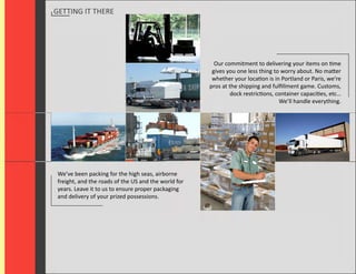 GETTING IT THERE




                                                        Our commitment to delivering your items on time
                                                       gives you one less thing to worry about. No matter
                                                       whether your location is in Portland or Paris, we’re
                                                      pros at the shipping and fulﬁllment game. Customs,
                                                               dock restrictions, container capacities, etc…
                                                                                   We’ll handle everything.




 We’ve been packing for the high seas, airborne
 freight, and the roads of the US and the world for
 years. Leave it to us to ensure proper packaging
 and delivery of your prized possessions.
 