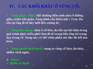 90
IV. CAÙC KHOÁI KHAÙC ÔÛ VUØNG COÅ:
 Nang giaùp – thieät: baát thöôøng baåm sinh naèm ôû ñöôøng
giöõa, tröôùc khí quaûn. Nang hình caàu hieám khi > 3 cm. Do
toàn taïi oáng ñi töø ñaùy löôõi ñeán xöông öùc.
 Nang khe mang: naèm ôû coå beân, do toàn taïi tuùi thöøa trong
quaù trình phaùt trieån phoâi thai ñi töø xoang haàu oáng tai trong
hay trong coå. Nang naøy coù theå chöùa phaàn moâ ñaëc ñoä hoài aâm
keùm.
 Nang maïch baïch huyeát: nang to vuøng coå beân, ña thuøy,
nhieàu vaùch ngaên.
 Abceøs.
 Böôùu vaø haïch.
 