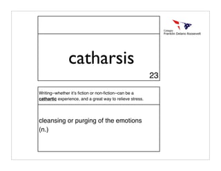 catharsis
                                                           23

Writing--whether itʼs ﬁction or non-ﬁction--can be a
cathartic experience, and a great way to relieve stress.




cleansing or purging of the emotions
(n.)
 