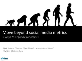 Dirk Shaw – Director Digital Media, Alem International
Twitter: @dirkmshaw
Move beyond social media metrics
3 ways to organize for results
 