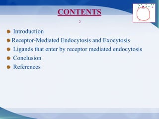 CONTENTS
Introduction
Receptor-Mediated Endocytosis and Exocytosis
Ligands that enter by receptor mediated endocytosis
Conclusion
References
2
 