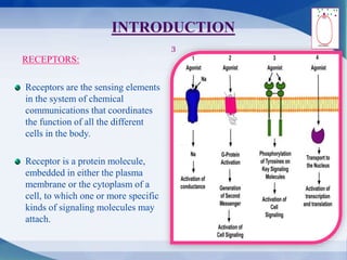 INTRODUCTION
3
RECEPTORS:
Receptors are the sensing elements
in the system of chemical
communications that coordinates
the function of all the different
cells in the body.
Receptor is a protein molecule,
embedded in either the plasma
membrane or the cytoplasm of a
cell, to which one or more specific
kinds of signaling molecules may
attach.
 