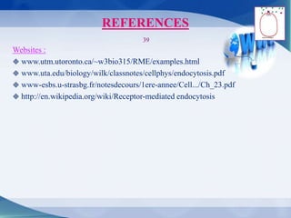 REFERENCES
39
Websites :
 www.utm.utoronto.ca/~w3bio315/RME/examples.html
 www.uta.edu/biology/wilk/classnotes/cellphys/endocytosis.pdf
 www-esbs.u-strasbg.fr/notesdecours/1ere-annee/Cell.../Ch_23.pdf
 http://en.wikipedia.org/wiki/Receptor-mediated endocytosis
 