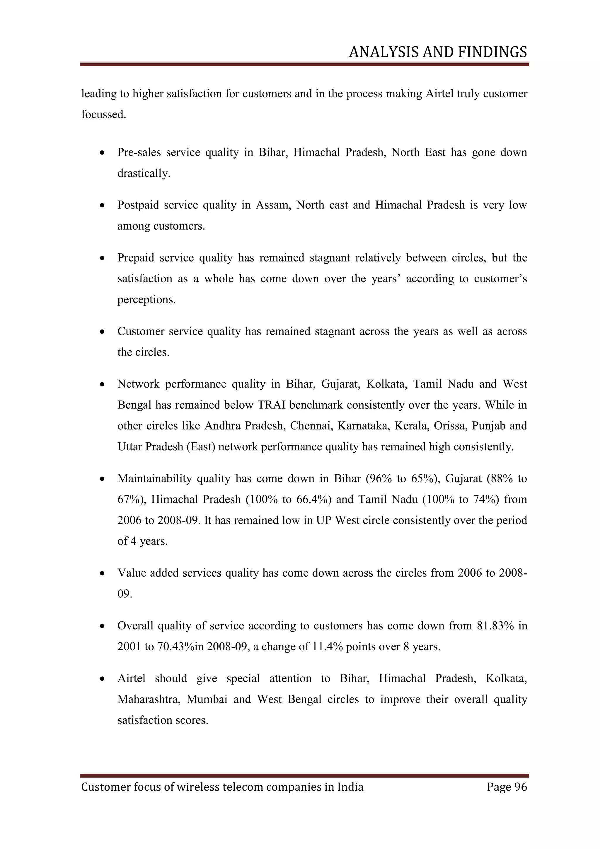 ANALYSIS AND FINDINGS
leading to higher satisfaction for customers and in the process making Airtel truly customer
focussed.


Pre-sales service quality in Bihar, Himachal Pradesh, North East has gone down
drastically.



Postpaid service quality in Assam, North east and Himachal Pradesh is very low
among customers.



Prepaid service quality has remained stagnant relatively between circles, but the
satisfaction as a whole has come down over the years‘ according to customer‘s
perceptions.



Customer service quality has remained stagnant across the years as well as across
the circles.



Network performance quality in Bihar, Gujarat, Kolkata, Tamil Nadu and West
Bengal has remained below TRAI benchmark consistently over the years. While in
other circles like Andhra Pradesh, Chennai, Karnataka, Kerala, Orissa, Punjab and
Uttar Pradesh (East) network performance quality has remained high consistently.



Maintainability quality has come down in Bihar (96% to 65%), Gujarat (88% to
67%), Himachal Pradesh (100% to 66.4%) and Tamil Nadu (100% to 74%) from
2006 to 2008-09. It has remained low in UP West circle consistently over the period
of 4 years.



Value added services quality has come down across the circles from 2006 to 200809.



Overall quality of service according to customers has come down from 81.83% in
2001 to 70.43%in 2008-09, a change of 11.4% points over 8 years.



Airtel should give special attention to Bihar, Himachal Pradesh, Kolkata,
Maharashtra, Mumbai and West Bengal circles to improve their overall quality
satisfaction scores.

Customer focus of wireless telecom companies in India

Page 96

 