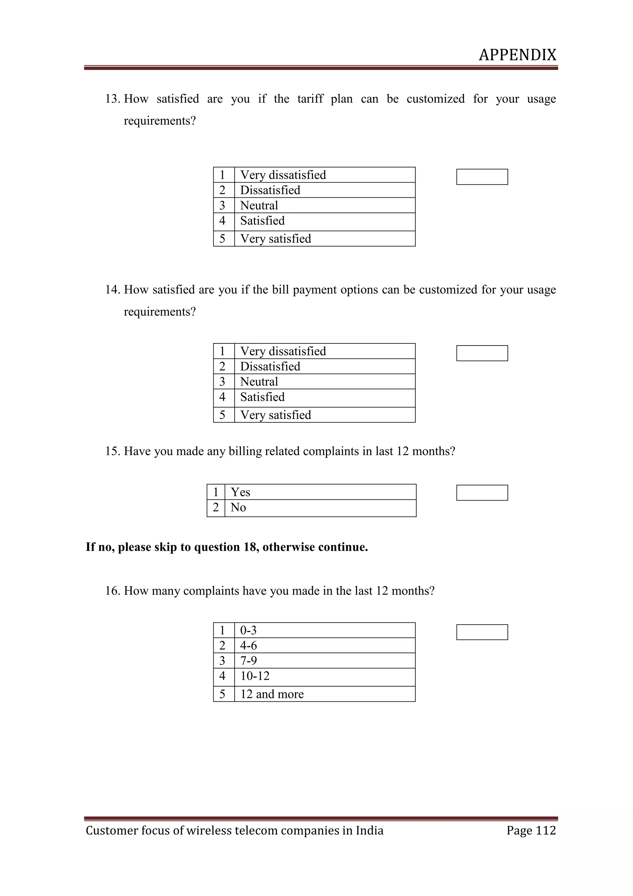 APPENDIX
13. How satisfied are you if the tariff plan can be customized for your usage
requirements?

1
2
3
4
5

Very dissatisfied
Dissatisfied
Neutral
Satisfied
Very satisfied

14. How satisfied are you if the bill payment options can be customized for your usage
requirements?
1
2
3
4
5

Very dissatisfied
Dissatisfied
Neutral
Satisfied
Very satisfied

15. Have you made any billing related complaints in last 12 months?
1 Yes
2 No
If no, please skip to question 18, otherwise continue.

16. How many complaints have you made in the last 12 months?
1
2
3
4
5

0-3
4-6
7-9
10-12
12 and more

Customer focus of wireless telecom companies in India

Page 112

 