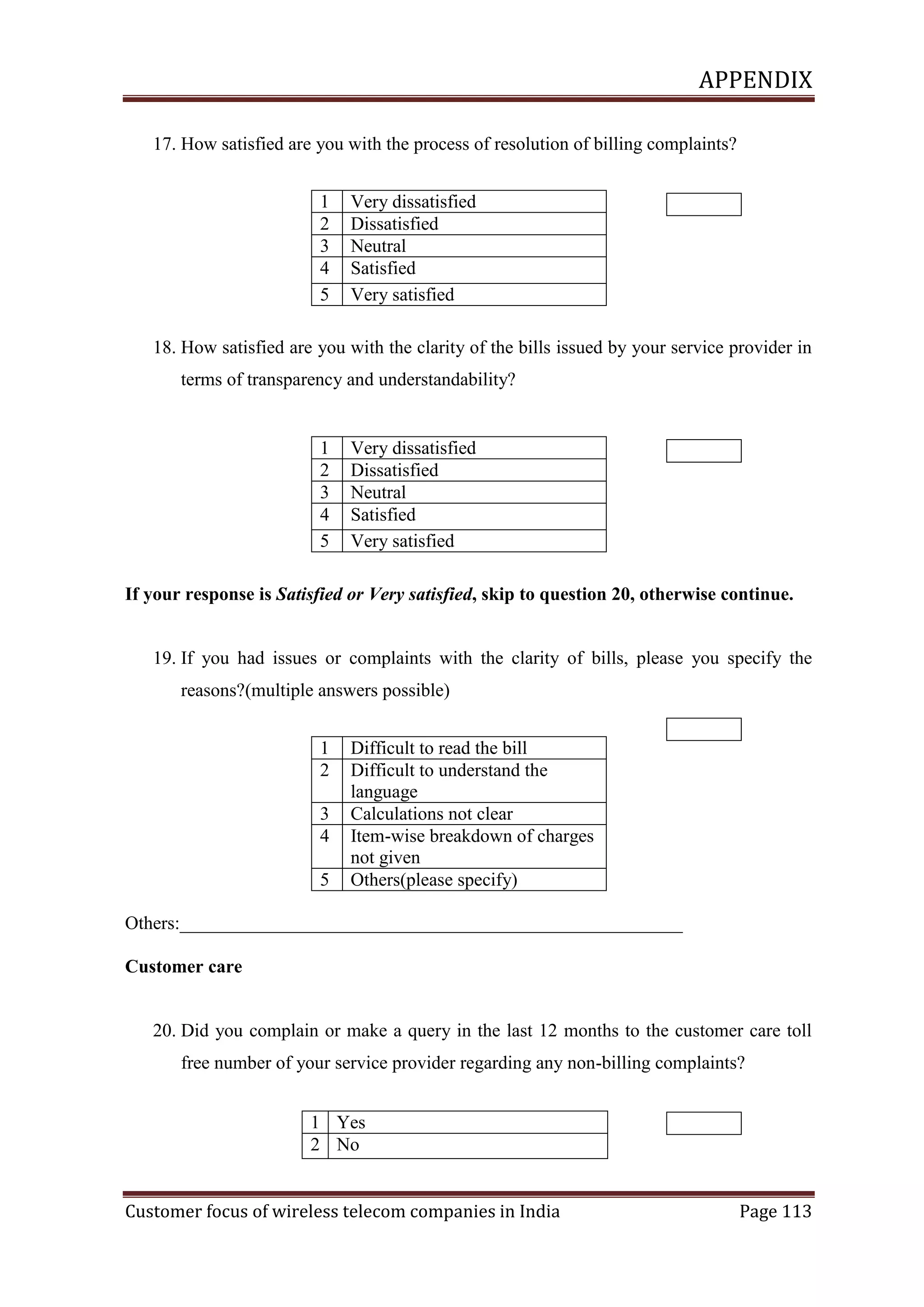 APPENDIX
17. How satisfied are you with the process of resolution of billing complaints?
1
2
3
4
5

Very dissatisfied
Dissatisfied
Neutral
Satisfied
Very satisfied

18. How satisfied are you with the clarity of the bills issued by your service provider in
terms of transparency and understandability?

1
2
3
4
5

Very dissatisfied
Dissatisfied
Neutral
Satisfied
Very satisfied

If your response is Satisfied or Very satisfied, skip to question 20, otherwise continue.

19. If you had issues or complaints with the clarity of bills, please you specify the
reasons?(multiple answers possible)
1
2
3
4
5

Difficult to read the bill
Difficult to understand the
language
Calculations not clear
Item-wise breakdown of charges
not given
Others(please specify)

Others:______________________________________________________
Customer care

20. Did you complain or make a query in the last 12 months to the customer care toll
free number of your service provider regarding any non-billing complaints?
1 Yes
2 No
Customer focus of wireless telecom companies in India

Page 113

 