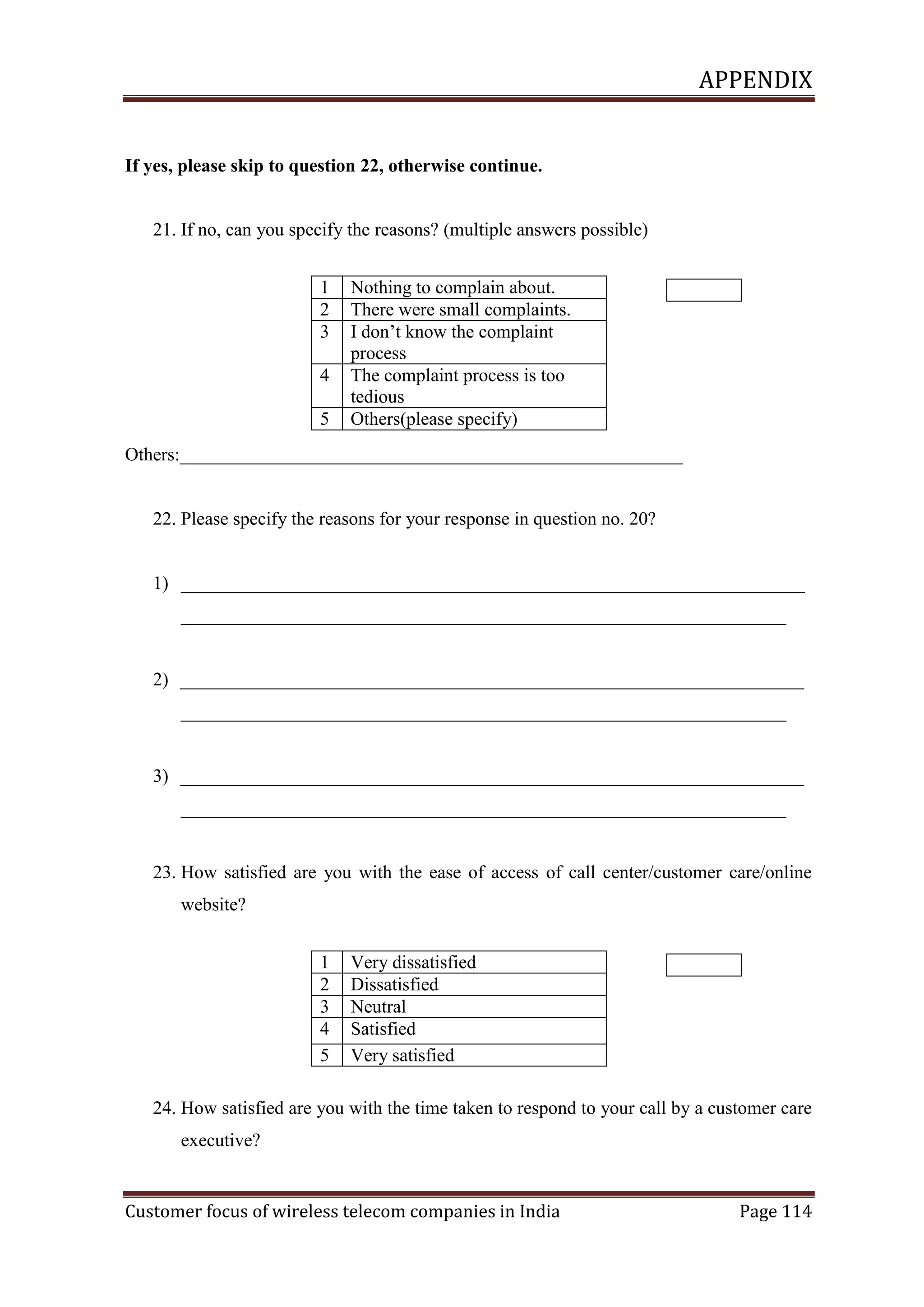 APPENDIX

If yes, please skip to question 22, otherwise continue.

21. If no, can you specify the reasons? (multiple answers possible)
1
2
3
4
5

Nothing to complain about.
There were small complaints.
I don‘t know the complaint
process
The complaint process is too
tedious
Others(please specify)

Others:______________________________________________________

22. Please specify the reasons for your response in question no. 20?

1) ___________________________________________________________________
_________________________________________________________________

2) ___________________________________________________________________
_________________________________________________________________

3) ___________________________________________________________________
_________________________________________________________________

23. How satisfied are you with the ease of access of call center/customer care/online
website?
1
2
3
4
5

Very dissatisfied
Dissatisfied
Neutral
Satisfied
Very satisfied

24. How satisfied are you with the time taken to respond to your call by a customer care
executive?

Customer focus of wireless telecom companies in India

Page 114

 