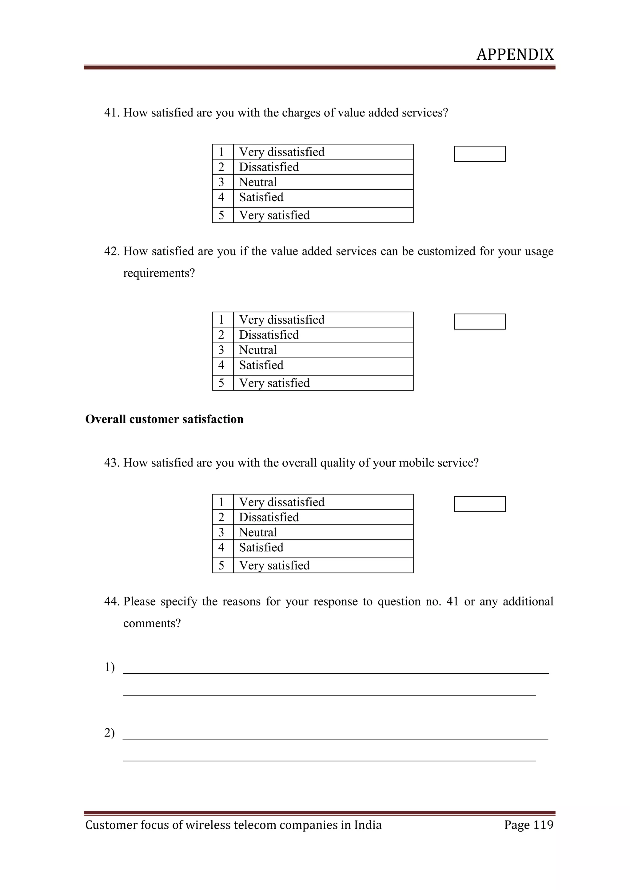 APPENDIX

41. How satisfied are you with the charges of value added services?
1
2
3
4
5

Very dissatisfied
Dissatisfied
Neutral
Satisfied
Very satisfied

42. How satisfied are you if the value added services can be customized for your usage
requirements?

1
2
3
4
5

Very dissatisfied
Dissatisfied
Neutral
Satisfied
Very satisfied

Overall customer satisfaction

43. How satisfied are you with the overall quality of your mobile service?
1
2
3
4
5

Very dissatisfied
Dissatisfied
Neutral
Satisfied
Very satisfied

44. Please specify the reasons for your response to question no. 41 or any additional
comments?

1) ___________________________________________________________________
_________________________________________________________________

2) ___________________________________________________________________
_________________________________________________________________

Customer focus of wireless telecom companies in India

Page 119

 