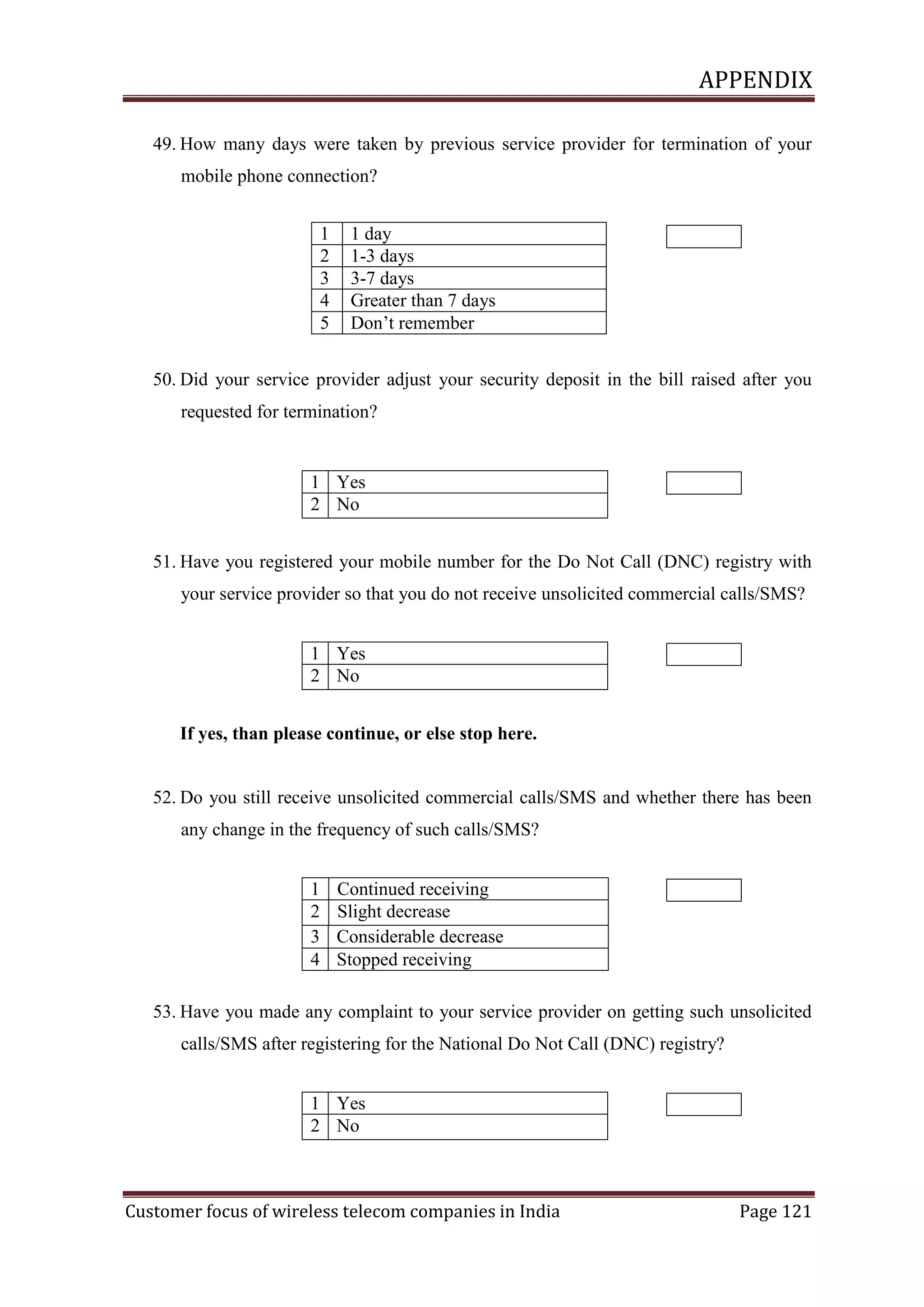 APPENDIX
49. How many days were taken by previous service provider for termination of your
mobile phone connection?
1
2
3
4
5

1 day
1-3 days
3-7 days
Greater than 7 days
Don‘t remember

50. Did your service provider adjust your security deposit in the bill raised after you
requested for termination?

1 Yes
2 No
51. Have you registered your mobile number for the Do Not Call (DNC) registry with
your service provider so that you do not receive unsolicited commercial calls/SMS?
1 Yes
2 No
If yes, than please continue, or else stop here.

52. Do you still receive unsolicited commercial calls/SMS and whether there has been
any change in the frequency of such calls/SMS?
1
2
3
4

Continued receiving
Slight decrease
Considerable decrease
Stopped receiving

53. Have you made any complaint to your service provider on getting such unsolicited
calls/SMS after registering for the National Do Not Call (DNC) registry?
1 Yes
2 No

Customer focus of wireless telecom companies in India

Page 121

 