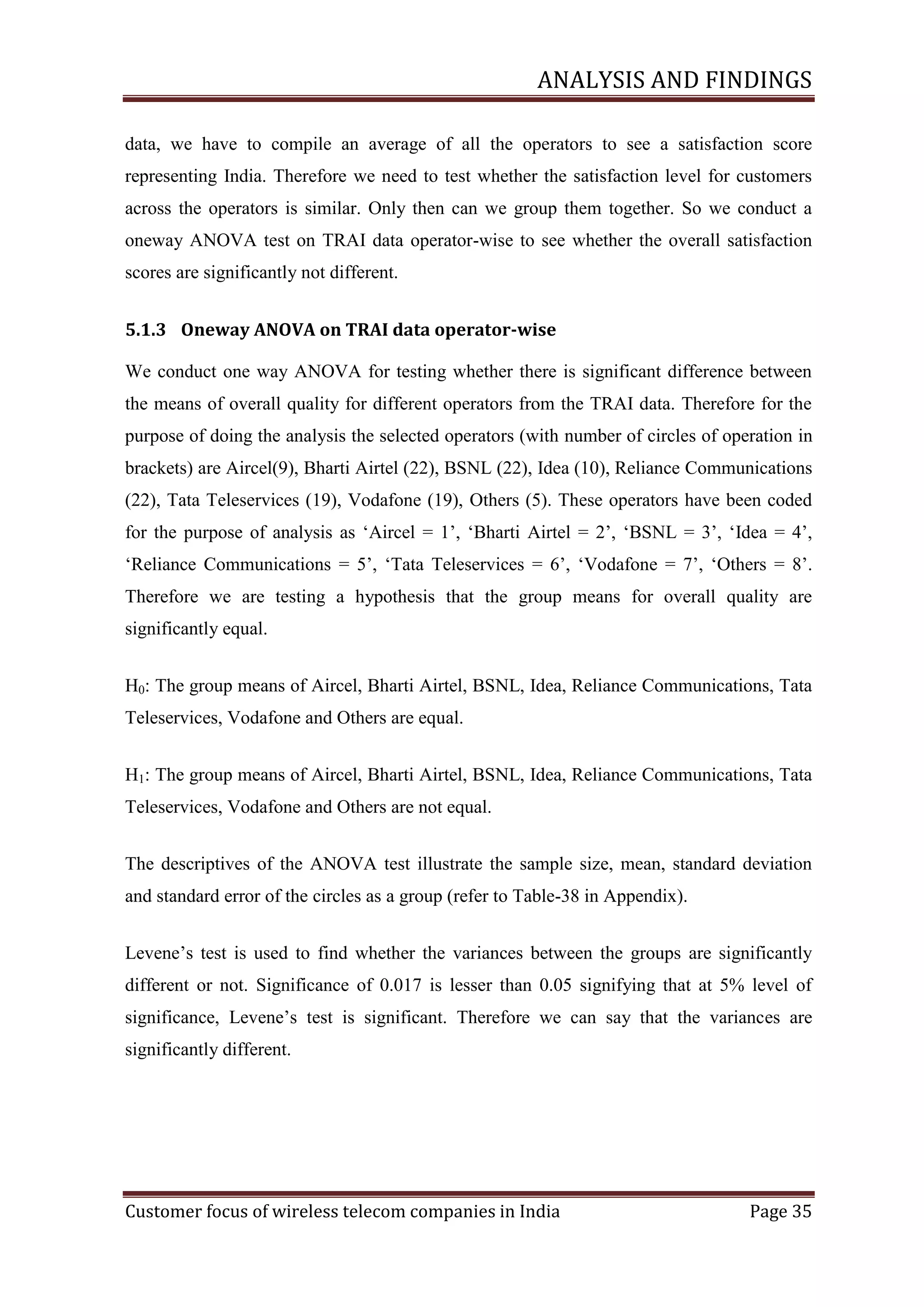 ANALYSIS AND FINDINGS
data, we have to compile an average of all the operators to see a satisfaction score
representing India. Therefore we need to test whether the satisfaction level for customers
across the operators is similar. Only then can we group them together. So we conduct a
oneway ANOVA test on TRAI data operator-wise to see whether the overall satisfaction
scores are significantly not different.
5.1.3 Oneway ANOVA on TRAI data operator-wise
We conduct one way ANOVA for testing whether there is significant difference between
the means of overall quality for different operators from the TRAI data. Therefore for the
purpose of doing the analysis the selected operators (with number of circles of operation in
brackets) are Aircel(9), Bharti Airtel (22), BSNL (22), Idea (10), Reliance Communications
(22), Tata Teleservices (19), Vodafone (19), Others (5). These operators have been coded
for the purpose of analysis as ‗Aircel = 1‘, ‗Bharti Airtel = 2‘, ‗BSNL = 3‘, ‗Idea = 4‘,
‗Reliance Communications = 5‘, ‗Tata Teleservices = 6‘, ‗Vodafone = 7‘, ‗Others = 8‘.
Therefore we are testing a hypothesis that the group means for overall quality are
significantly equal.
H0: The group means of Aircel, Bharti Airtel, BSNL, Idea, Reliance Communications, Tata
Teleservices, Vodafone and Others are equal.
H1: The group means of Aircel, Bharti Airtel, BSNL, Idea, Reliance Communications, Tata
Teleservices, Vodafone and Others are not equal.
The descriptives of the ANOVA test illustrate the sample size, mean, standard deviation
and standard error of the circles as a group (refer to Table-38 in Appendix).
Levene‘s test is used to find whether the variances between the groups are significantly
different or not. Significance of 0.017 is lesser than 0.05 signifying that at 5% level of
significance, Levene‘s test is significant. Therefore we can say that the variances are
significantly different.

Customer focus of wireless telecom companies in India

Page 35

 
