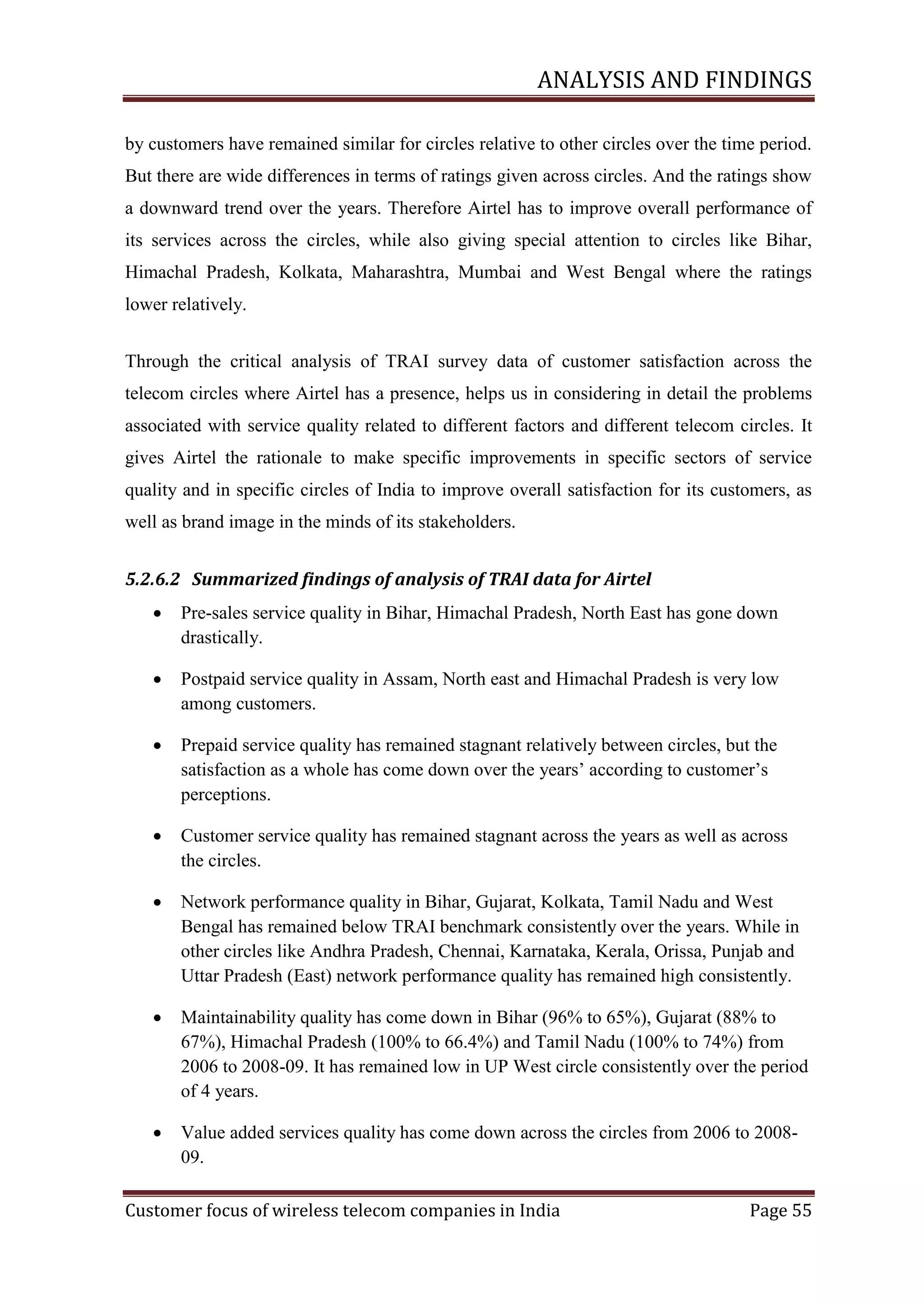 ANALYSIS AND FINDINGS
by customers have remained similar for circles relative to other circles over the time period.
But there are wide differences in terms of ratings given across circles. And the ratings show
a downward trend over the years. Therefore Airtel has to improve overall performance of
its services across the circles, while also giving special attention to circles like Bihar,
Himachal Pradesh, Kolkata, Maharashtra, Mumbai and West Bengal where the ratings
lower relatively.
Through the critical analysis of TRAI survey data of customer satisfaction across the
telecom circles where Airtel has a presence, helps us in considering in detail the problems
associated with service quality related to different factors and different telecom circles. It
gives Airtel the rationale to make specific improvements in specific sectors of service
quality and in specific circles of India to improve overall satisfaction for its customers, as
well as brand image in the minds of its stakeholders.
5.2.6.2 Summarized findings of analysis of TRAI data for Airtel


Pre-sales service quality in Bihar, Himachal Pradesh, North East has gone down
drastically.



Postpaid service quality in Assam, North east and Himachal Pradesh is very low
among customers.



Prepaid service quality has remained stagnant relatively between circles, but the
satisfaction as a whole has come down over the years‘ according to customer‘s
perceptions.



Customer service quality has remained stagnant across the years as well as across
the circles.



Network performance quality in Bihar, Gujarat, Kolkata, Tamil Nadu and West
Bengal has remained below TRAI benchmark consistently over the years. While in
other circles like Andhra Pradesh, Chennai, Karnataka, Kerala, Orissa, Punjab and
Uttar Pradesh (East) network performance quality has remained high consistently.



Maintainability quality has come down in Bihar (96% to 65%), Gujarat (88% to
67%), Himachal Pradesh (100% to 66.4%) and Tamil Nadu (100% to 74%) from
2006 to 2008-09. It has remained low in UP West circle consistently over the period
of 4 years.



Value added services quality has come down across the circles from 2006 to 200809.

Customer focus of wireless telecom companies in India

Page 55

 