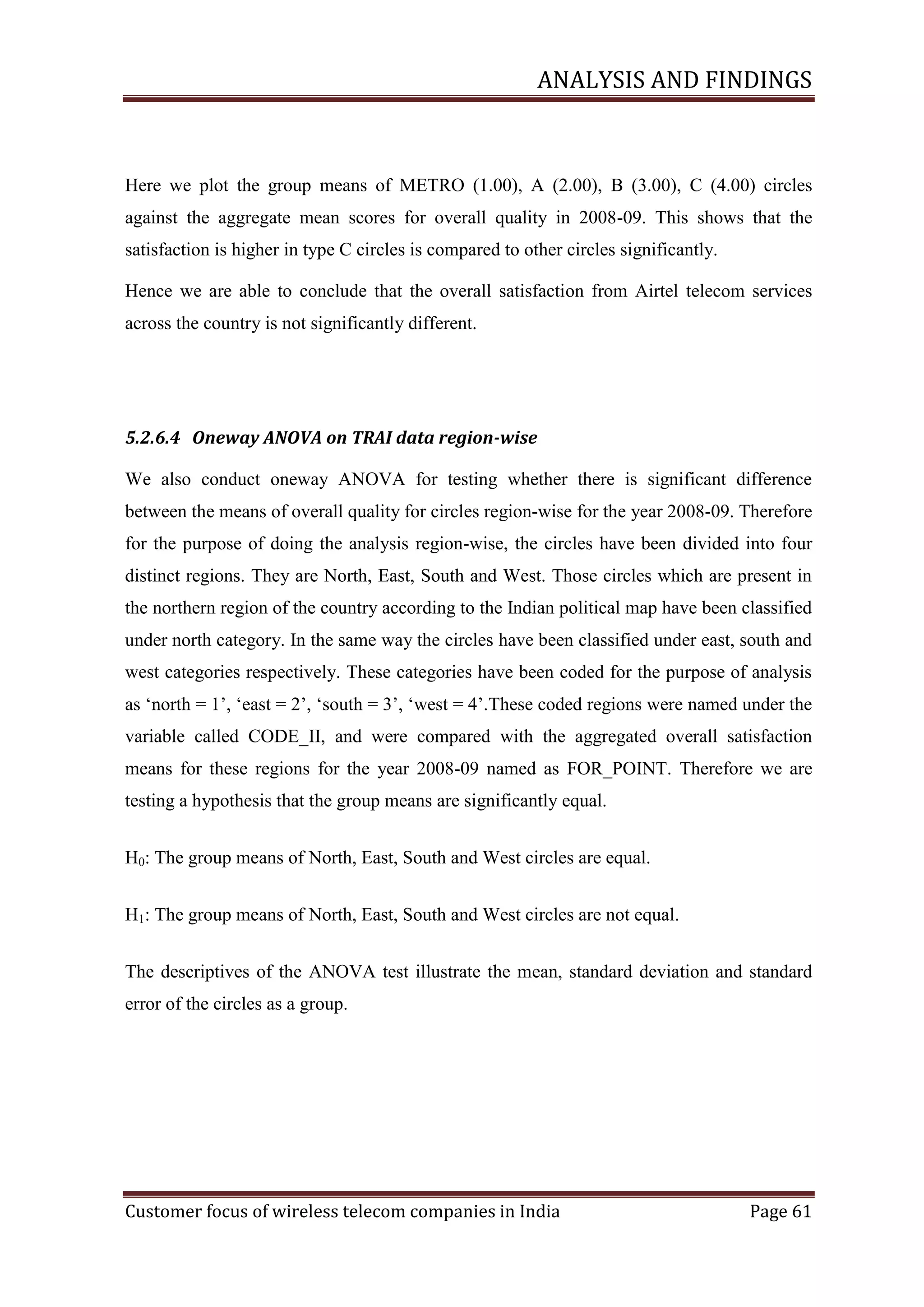 ANALYSIS AND FINDINGS

Here we plot the group means of METRO (1.00), A (2.00), B (3.00), C (4.00) circles
against the aggregate mean scores for overall quality in 2008-09. This shows that the
satisfaction is higher in type C circles is compared to other circles significantly.
Hence we are able to conclude that the overall satisfaction from Airtel telecom services
across the country is not significantly different.

5.2.6.4 Oneway ANOVA on TRAI data region-wise
We also conduct oneway ANOVA for testing whether there is significant difference
between the means of overall quality for circles region-wise for the year 2008-09. Therefore
for the purpose of doing the analysis region-wise, the circles have been divided into four
distinct regions. They are North, East, South and West. Those circles which are present in
the northern region of the country according to the Indian political map have been classified
under north category. In the same way the circles have been classified under east, south and
west categories respectively. These categories have been coded for the purpose of analysis
as ‗north = 1‘, ‗east = 2‘, ‗south = 3‘, ‗west = 4‘.These coded regions were named under the
variable called CODE_II, and were compared with the aggregated overall satisfaction
means for these regions for the year 2008-09 named as FOR_POINT. Therefore we are
testing a hypothesis that the group means are significantly equal.
H0: The group means of North, East, South and West circles are equal.
H1: The group means of North, East, South and West circles are not equal.
The descriptives of the ANOVA test illustrate the mean, standard deviation and standard
error of the circles as a group.

Customer focus of wireless telecom companies in India

Page 61

 