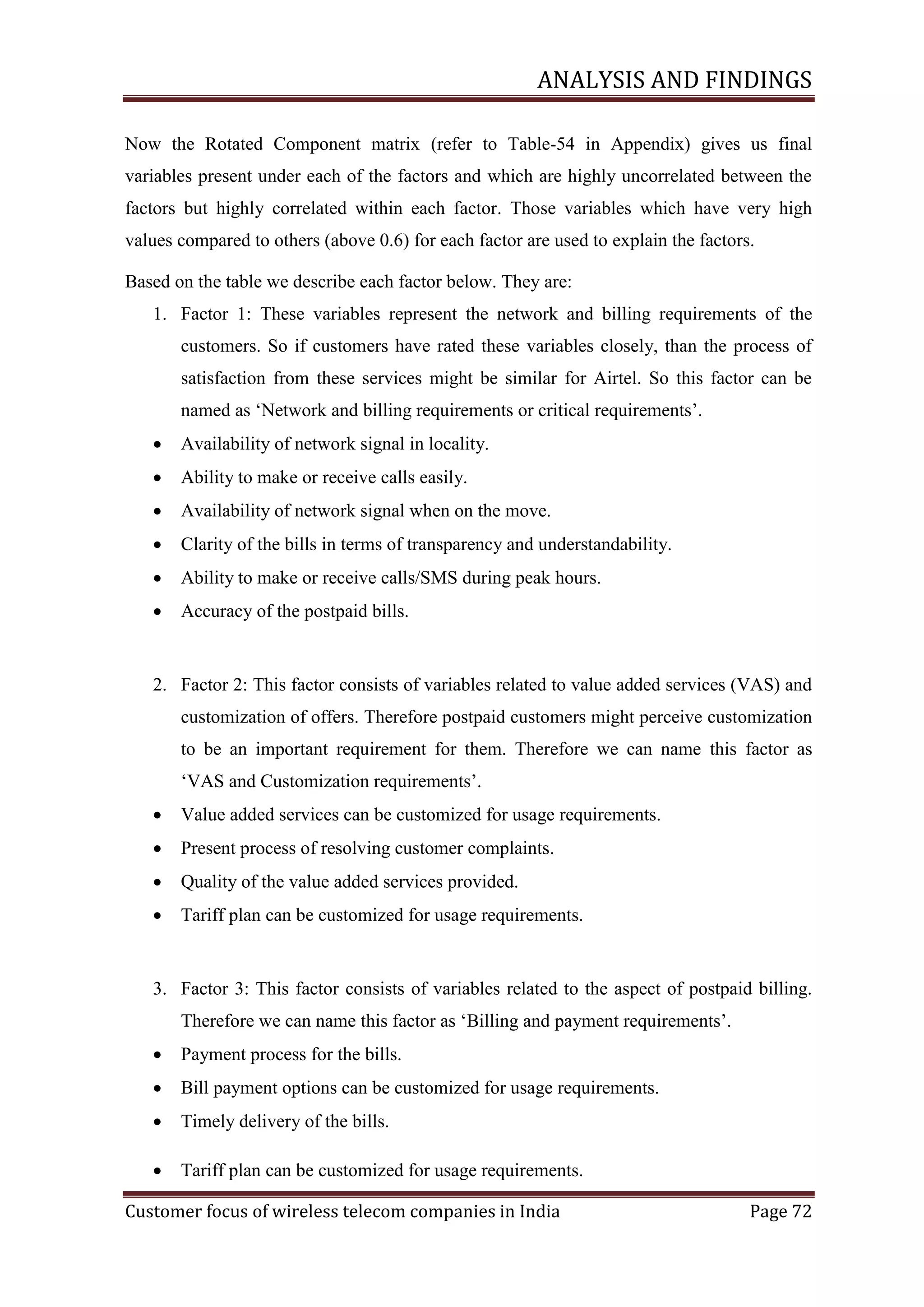 ANALYSIS AND FINDINGS
Now the Rotated Component matrix (refer to Table-54 in Appendix) gives us final
variables present under each of the factors and which are highly uncorrelated between the
factors but highly correlated within each factor. Those variables which have very high
values compared to others (above 0.6) for each factor are used to explain the factors.
Based on the table we describe each factor below. They are:
1. Factor 1: These variables represent the network and billing requirements of the
customers. So if customers have rated these variables closely, than the process of
satisfaction from these services might be similar for Airtel. So this factor can be
named as ‗Network and billing requirements or critical requirements‘.


Availability of network signal in locality.



Ability to make or receive calls easily.



Availability of network signal when on the move.



Clarity of the bills in terms of transparency and understandability.



Ability to make or receive calls/SMS during peak hours.



Accuracy of the postpaid bills.

2. Factor 2: This factor consists of variables related to value added services (VAS) and
customization of offers. Therefore postpaid customers might perceive customization
to be an important requirement for them. Therefore we can name this factor as
‗VAS and Customization requirements‘.


Value added services can be customized for usage requirements.



Present process of resolving customer complaints.



Quality of the value added services provided.



Tariff plan can be customized for usage requirements.

3. Factor 3: This factor consists of variables related to the aspect of postpaid billing.
Therefore we can name this factor as ‗Billing and payment requirements‘.


Payment process for the bills.



Bill payment options can be customized for usage requirements.



Timely delivery of the bills.



Tariff plan can be customized for usage requirements.

Customer focus of wireless telecom companies in India

Page 72

 