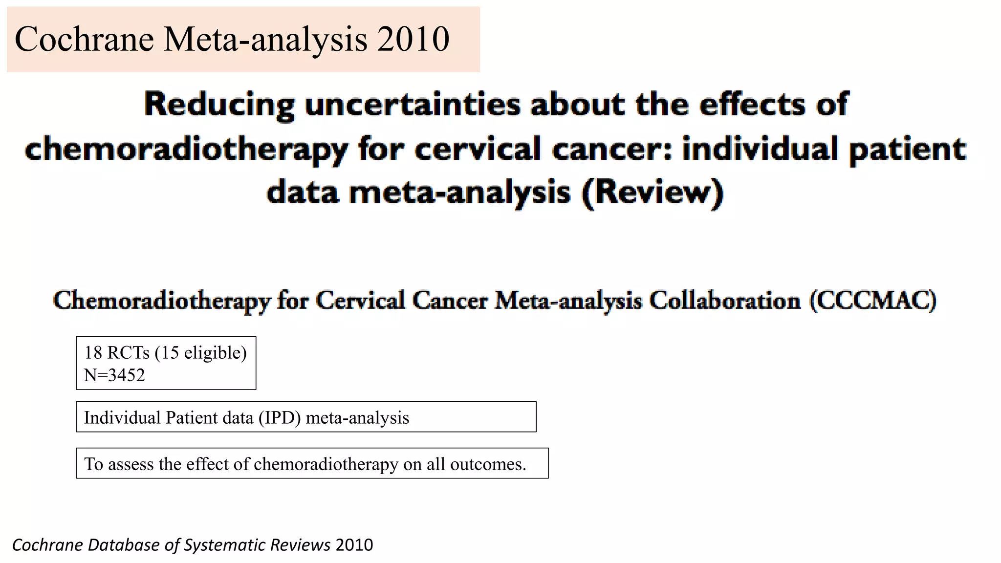 Cochrane Database of Systematic Reviews 2010
18 RCTs (15 eligible)
N=3452
To assess the effect of chemoradiotherapy on all outcomes.
Cochrane Meta-analysis 2010
Individual Patient data (IPD) meta-analysis
 