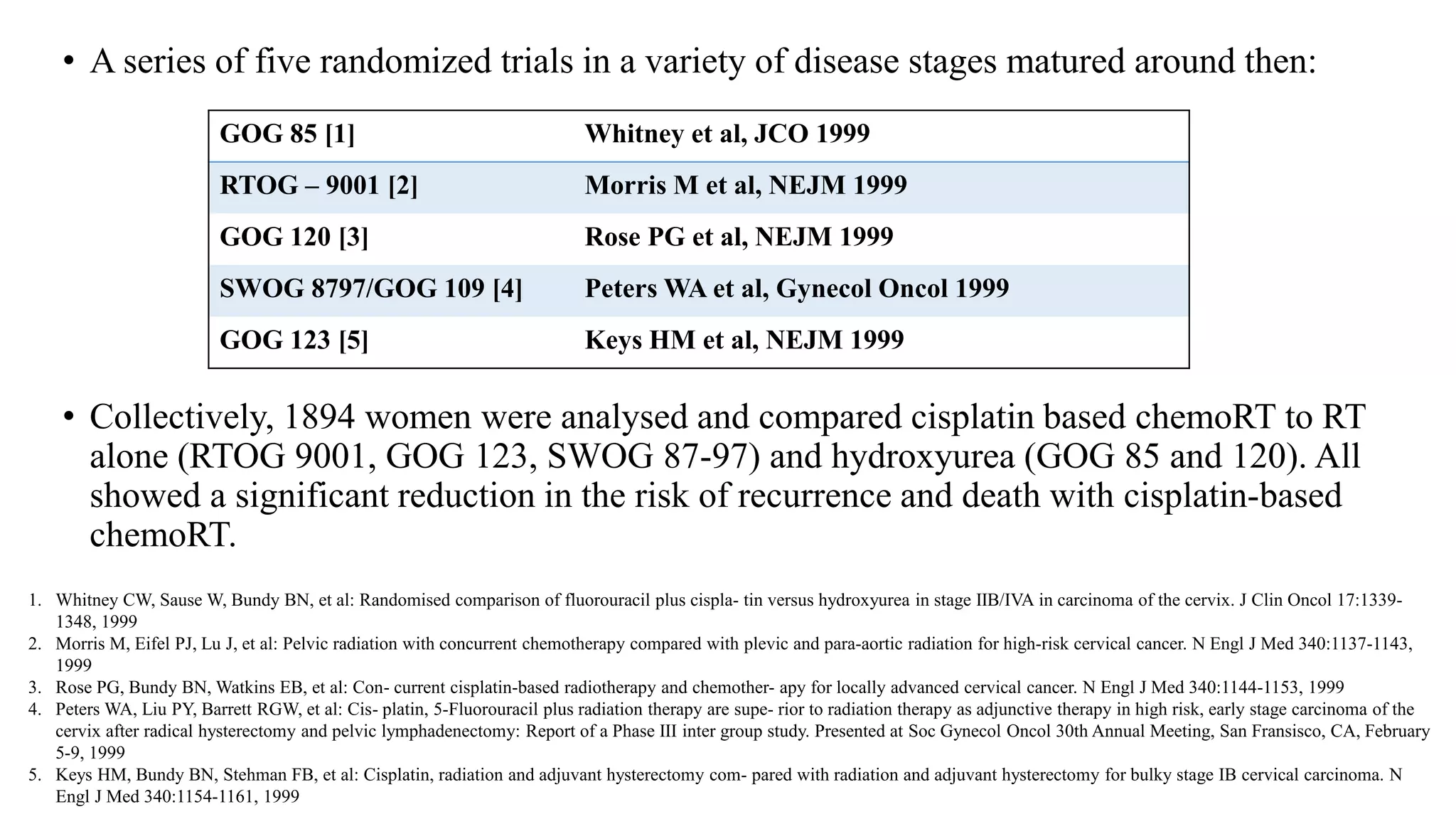 • A series of five randomized trials in a variety of disease stages matured around then:
• Collectively, 1894 women were analysed and compared cisplatin based chemoRT to RT
alone (RTOG 9001, GOG 123, SWOG 87-97) and hydroxyurea (GOG 85 and 120). All
showed a significant reduction in the risk of recurrence and death with cisplatin-based
chemoRT.
GOG 85 [1] Whitney et al, JCO 1999
RTOG – 9001 [2] Morris M et al, NEJM 1999
GOG 120 [3] Rose PG et al, NEJM 1999
SWOG 8797/GOG 109 [4] Peters WA et al, Gynecol Oncol 1999
GOG 123 [5] Keys HM et al, NEJM 1999
1. Whitney CW, Sause W, Bundy BN, et al: Randomised comparison of fluorouracil plus cispla- tin versus hydroxyurea in stage IIB/IVA in carcinoma of the cervix. J Clin Oncol 17:1339-
1348, 1999
2. Morris M, Eifel PJ, Lu J, et al: Pelvic radiation with concurrent chemotherapy compared with plevic and para-aortic radiation for high-risk cervical cancer. N Engl J Med 340:1137-1143,
1999
3. Rose PG, Bundy BN, Watkins EB, et al: Con- current cisplatin-based radiotherapy and chemother- apy for locally advanced cervical cancer. N Engl J Med 340:1144-1153, 1999
4. Peters WA, Liu PY, Barrett RGW, et al: Cis- platin, 5-Fluorouracil plus radiation therapy are supe- rior to radiation therapy as adjunctive therapy in high risk, early stage carcinoma of the
cervix after radical hysterectomy and pelvic lymphadenectomy: Report of a Phase III inter group study. Presented at Soc Gynecol Oncol 30th Annual Meeting, San Fransisco, CA, February
5-9, 1999
5. Keys HM, Bundy BN, Stehman FB, et al: Cisplatin, radiation and adjuvant hysterectomy com- pared with radiation and adjuvant hysterectomy for bulky stage IB cervical carcinoma. N
Engl J Med 340:1154-1161, 1999
 