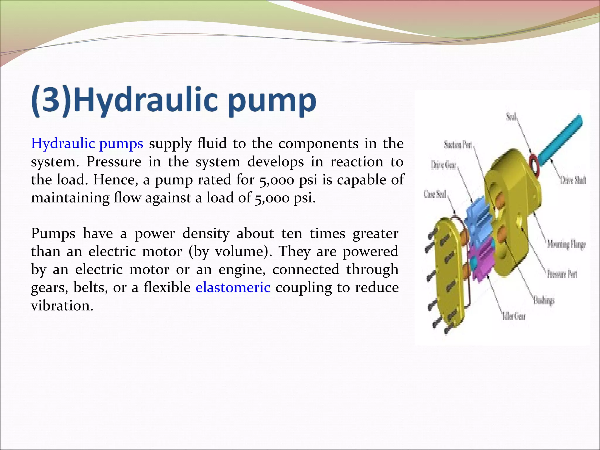 Hydraulic pumps supply fluid to the components in the 
system. Pressure in the system develops in reaction to 
the load. Hence, a pump rated for 5,000 psi is capable of 
maintaining flow against a load of 5,000 psi. 
Pumps have a power density about ten times greater 
than an electric motor (by volume). They are powered 
by an electric motor or an engine, connected through 
gears, belts, or a flexible elastomeric coupling to reduce 
vibration. 
 
