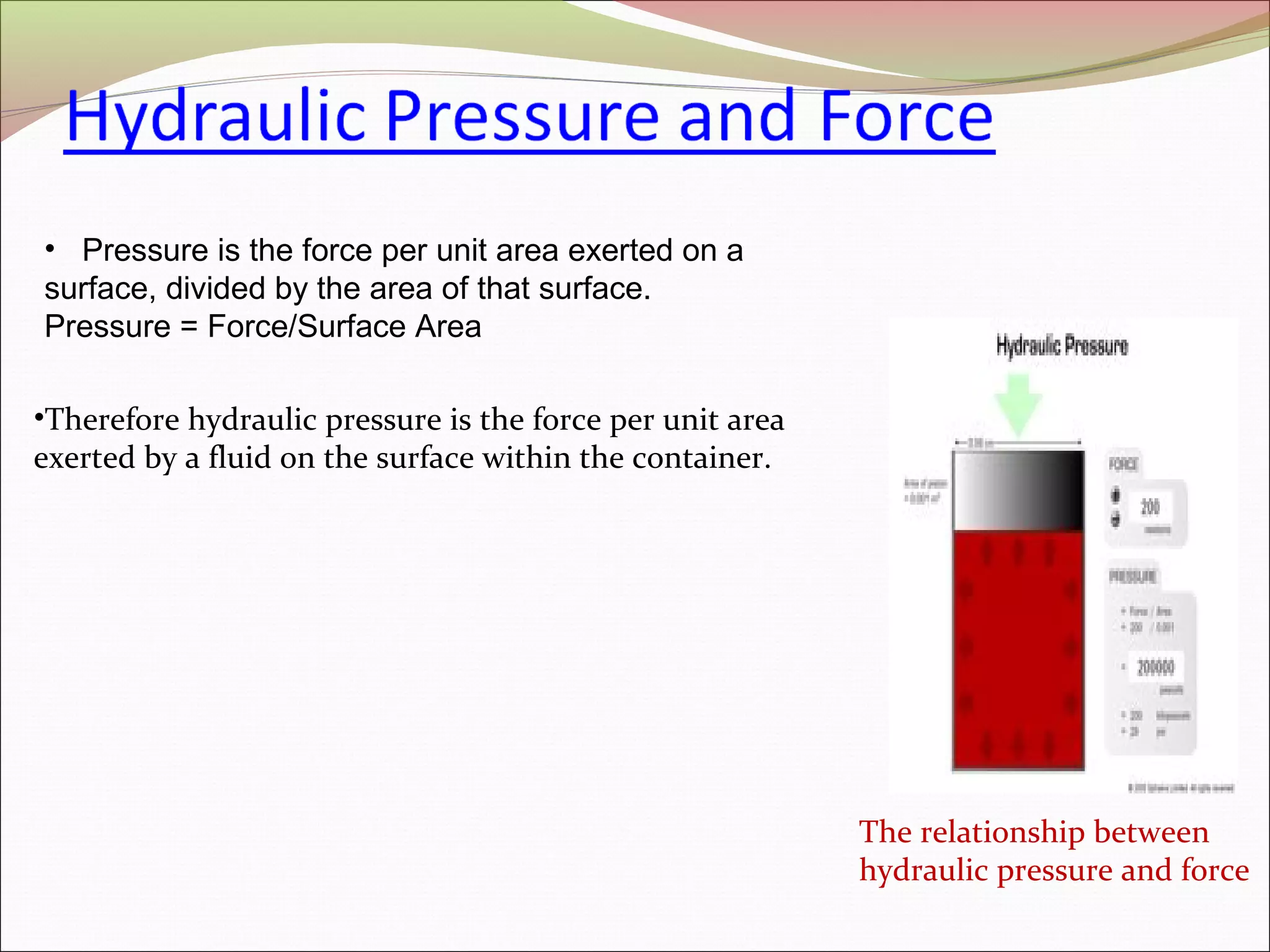 • Pressure is the force per unit area exerted on a 
surface, divided by the area of that surface. 
Pressure = Force/Surface Area 
The relationship between 
hydraulic pressure and force 
•Therefore hydraulic pressure is the force per unit area 
exerted by a fluid on the surface within the container. 
 