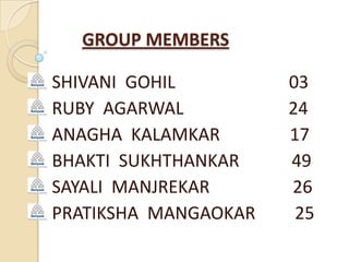 GROUP MEMBERS SHIVANI GOHIL 03 RUBY AGARWAL 24 ANAGHA KALAMKAR 17 BHAKTI SUKHTHANKAR 49 SAYALI MANJREKAR 26 PRATIKSHA MANGAOKAR 25