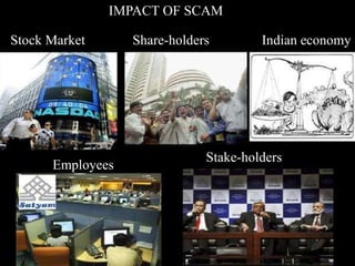 IMPACT OF SCAM 
Stock Market Share-holders Indian economy 
Company Logo 
Employees 
Stake-holders 
 