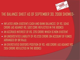 THE BALANCE SHEET AS OF SEPTEMBER 30, 2008 SHOWED-
 INFLATED (NON-EXISTENT) CASH AND BANK BALANCES OF RS. 5040
CRORE (AS AGAINST RS. 5312 CORE REFLECTED IN THE BOOKS)
 AN ACCRUED INTEREST OF RS. 376 CRORE WHICH IS NON-EXISTENT
 AN UNDERSTATED LIABILITY OF RS.1230 CRORE ON ACCOUNT OF FUNDS
ARRANGED BY BR RAJU.
 AN OVERSTATED DEBTORS POSITION OF RS. 490 CRORE (AS AGAINST RS.
2651 CRORE REFLECTED IN THE BOOKS)
 