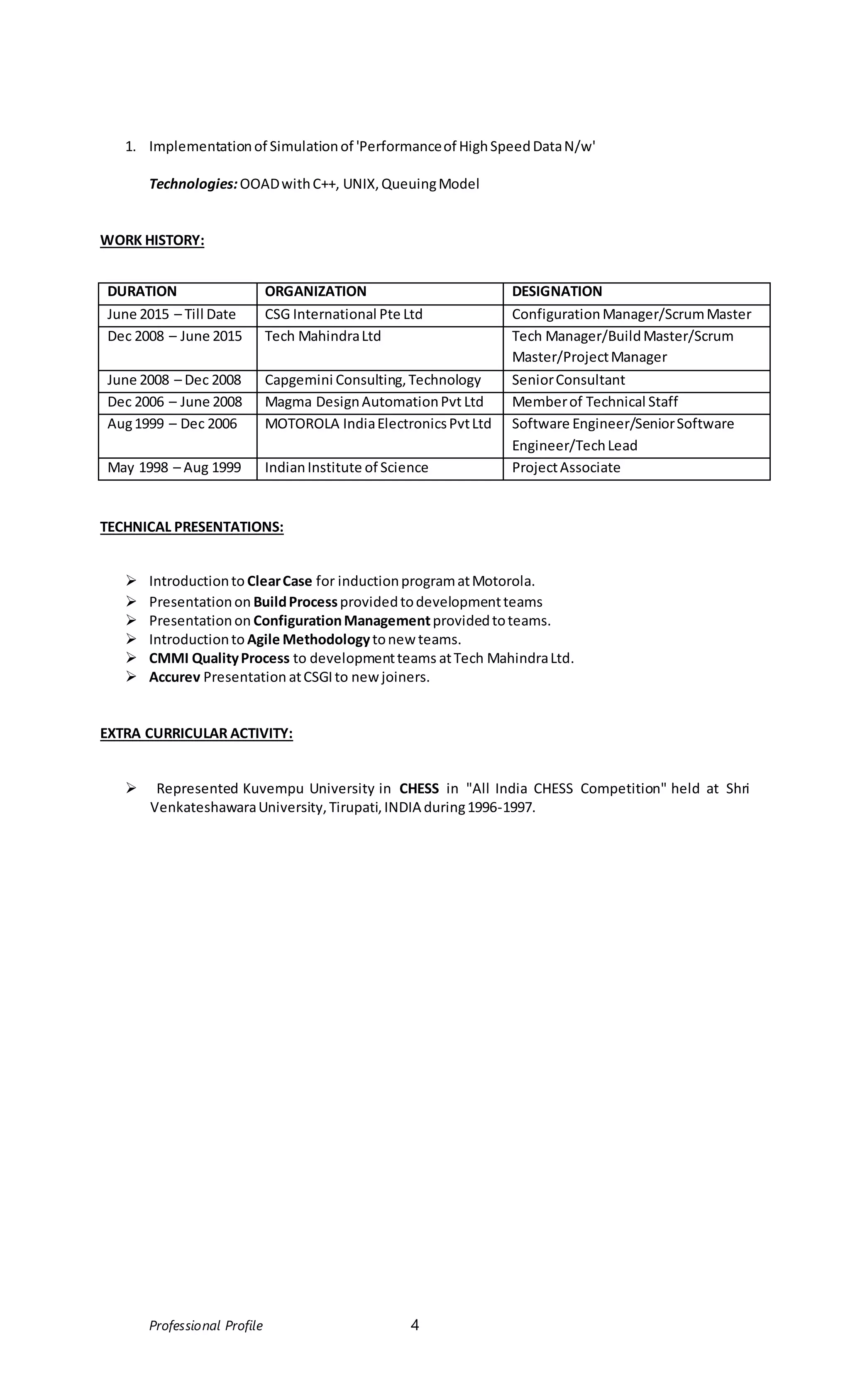 Professional Profile 4
1. Implementationof Simulationof 'Performanceof HighSpeedDataN/w'
Technologies:OOADwithC++, UNIX,QueuingModel
WORK HISTORY:
DURATION ORGANIZATION DESIGNATION
June 2015 – Till Date CSG International Pte Ltd ConfigurationManager/ScrumMaster
Dec 2008 – June 2015 Tech MahindraLtd Tech Manager/BuildMaster/Scrum
Master/ProjectManager
June 2008 – Dec 2008 Capgemini Consulting,Technology SeniorConsultant
Dec 2006 – June 2008 Magma DesignAutomationPvt Ltd Memberof Technical Staff
Aug1999 – Dec 2006 MOTOROLA IndiaElectronicsPvtLtd Software Engineer/SeniorSoftware
Engineer/TechLead
May 1998 – Aug 1999 IndianInstitute of Science ProjectAssociate
TECHNICAL PRESENTATIONS:
 Introductionto ClearCase for inductionprogramatMotorola.
 Presentationon BuildProcessprovidedtodevelopmentteams
 Presentationon ConfigurationManagementprovidedtoteams.
 Introductionto Agile Methodologytonew teams.
 CMMI QualityProcess to developmentteams atTech MahindraLtd.
 Accurev Presentation atCSGIto new joiners.
EXTRA CURRICULAR ACTIVITY:
 Represented Kuvempu University in CHESS in "All India CHESS Competition" held at Shri
VenkateshawaraUniversity,Tirupati,INDIA during1996-1997.
 