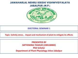 JAWAHARLAL NEHRU KRISHI VISHWVIDYALAYA
JABALPUR [M.P.]
DOCTORAL SEMINAR 1
Topic- Salinity stress , impact and mechanism of plant to mitigate its effects
PRESENTED BY
SATYENDRA THAKUR (190130002)
PhD Scholar
Department of Plant Physiology Jnkvv Jabalpur
 