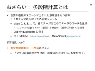 • ‫͕ࢉܭ‬ෳ਺ͷεςʔδʹ෼͔Εͨҙຯ࿦Λ΋ͭମ‫ܥ‬
ʴͦΕΛ҆શʹߦͳ͏ͨΊͷ‫ܕ‬γεςϜ
– stage 0, 1, 2, … Ͱɼ֤εςʔδ͸࣍ͷεςʔδͷίʔυΛੜ੒
• ͜͜Ͱ͸ stage 0ʢϚΫϩల։ʣͱ stage 1ʢ௨ৗͷධՁʣͷΈ࢖༻
– Lisp ͷ quasiquote ʹࣅΔ
– ྫɿ MetaML [Taha  Sheard 2000]ɼMetaOCaml [Kiselyov 2014]
Կ͕‫͔͍͠خ‬ʁ
• ‫҆ܕ‬શͳಈతίʔυੜ੒ʹ࢖͑Δ
– ʮϚΫϩఆٛʹ‫͚͕ͭܕ‬͹ɼల։‫ޙ‬ͷϓϩάϥϜ΋‫͕ͭ͘ܕ‬ʯ
͓͞Β͍ɿ ଟஈ֊‫ͱࢉܭ‬͸
11
 