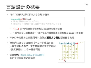 • ϚΫϩ͸ྫ͑͹ҎԼͷΑ͏ͳ‫͏࢖Ͱܗ‬
– ~(…) ͸ϚΫϩల։Ͱ࢖ΘΕΔ stage 0 ͷ஋ͷҾ਺
– ~ ͷ͔ͭͳ͍Ҿ਺͸ίʔυஅยͱͯ͠ల։݁Ռʹ࢖ΘΕΔ stage 1 ͷҾ਺
• ϚΫϩͷఆ͓ٛΑͼద༻ͦΕࣗମ͕ల։ΑΓલʹ‫ࠪ͞ݕܕ‬ΕΔ
• య‫ܕ‬తʹ͸ϚΫϩల։ʢʹίʔυੜ੒ʣ͸
ҰॠͰऴΘΔͷͰɼϚΫϩల։ʹࣦഊ͢Ε͹
“࣮࣭੩తʹ” ΤϥʔใࠂՄೳ
• MacroML [Ganz, Sabry  Taha 2001]
ͱ͍͏ମ‫͍ۙʹܥ‬ఆࣜԽ
‫ޠݴ‬ઃ‫ܭ‬ͷ֓ཁ
12
repeat@~(3){foo}
% ௨ৗͷධՁͷλΠϛϯάͰ͸
% ࠷ॳ͔Β foofoofoo ͱॻ͍ͯ͋ͬͨͷͱಉ͡ʹͳΔ
amidakuji@~(```
|X|-|=|/| |
| |-||-|X|
|=|X|-||=|
|-||-|=|-|
|X|=|-|| |
```);
 