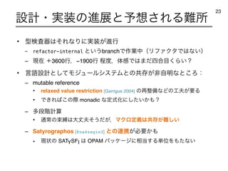 • ‫ثࠪݕܕ‬͸ͦΕͳΓʹ࣮૷͕ਐߦ
– refactor-internal ͱ͍͏branchͰ࡞‫ۀ‬தʢϦϑΝΫλͰ͸ͳ͍ʣ
– ‫ࡏݱ‬ ʴ3600ߦɼ−1900ߦ ఔ౓ɼମ‫Ͱײ‬͸·࢛ͩ߹໨͘Β͍ʁ
• ‫ޠݴ‬ઃ‫ͯ͠ͱܭ‬ϞδϡʔϧγεςϜͱͷ‫ڞ‬ଘ͕ඇࣗ໌ͳͱ͜Ζɿ
– mutable reference
• relaxed value restriction [Garrigue 2004] ͷ࠶੔උͳͲͷ޻෉͕ཁΔ
• Ͱ͖Ε͹͜ͷࡍ monadic ͳఆࣜԽʹ͍͔ͨ͠΋ʁ
– ଟஈ֊‫ࢉܭ‬
• ௨ৗͷଋറ͸େৎ෉ͦ͏͕ͩɼϚΫϩఆٛ͸‫ڞ‬ଘ͕೉͍͠
– Satyrographos [@na4zagin3] ͱͷ࿈‫͕ܞ‬ඞཁ͔΋
• ‫ݱ‬ঢ়ͷ SATYSFI ͸ OPAM ύοέʔδʹ૬౰͢Δ୯ҐΛ΋ͨͳ͍
ઃ‫ܭ‬ɾ࣮૷ͷਐలͱ༧૝͞ΕΔ೉ॴ
23
 
