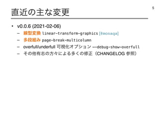 • v0.0.6 (2021-02-06)
– ઢ‫ܕ‬ม‫׵‬ linear-transform-graphics [@monaqa]
– ଟஈ૊Έ page-break-multicolumn
– overfull/underfull ՄࢹԽΦϓγϣϯ —-debug-show-overfull
– ͦͷଞ༗ࢤͷํʑʹΑΔଟ͘ͷमਖ਼ʢCHANGELOG ࢀরʣ
௚ۙͷओͳมߋ
5
 