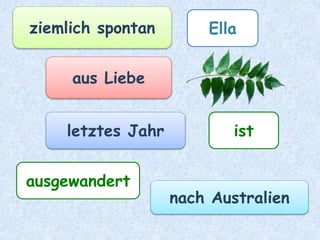 Ella fährt
morgen (temporale Angabe)
wegen eines Arzttermins
(kausale Angabe)
mit dem Bus (modale Angabe)
nach Sydney (lokale Angabe).
TE
KA
MO
LO
 