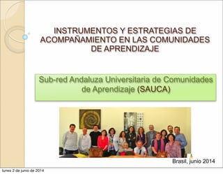 INSTRUMENTOS Y ESTRATEGIAS DE
ACOMPAÑAMIENTO EN LAS COMUNIDADES
DE APRENDIZAJE
Sub-red Andaluza Universitaria de Comunidades
de Aprendizaje (SAUCA)
Brasil, junio 2014
lunes 2 de junio de 2014
 