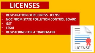 LICENSES
• REGISTRATION OF BUSINESS LICENSE
• NOC FROM STATE POLLUTION CONTROL BOARD
• GST
• FSSAI
• REGISTERING FOR A TRADEMARK
 