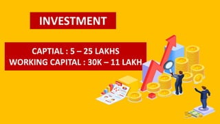 INVESTMENT
CAPTIAL : 5 – 25 LAKHS
WORKING CAPITAL : 30K – 11 LAKH
 