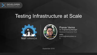 Pranav Verma
Sr. Engineering Manager
Developer Experience Tools
EMAIL:
pverma@walmartlabs.co
m
Testing Infrastructure at Scale
September 2018
E X P E R I E N C E T O O L S
CUSTO M ER
E X P E R I E N C E T O O L S
DEVELOPER
 