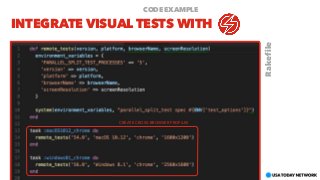 INTEGRATE VISUAL TESTS WITH
CODE EXAMPLE
Rakefile
CREATE CROSS-BROWSER PROFILES
 