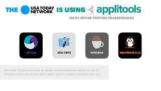 NIGHTWATCH.JSXCUI TESTS ESPRESSO
IS USING
WITH OTHER TESTING FRAMEWORKS
THE
APPIUM
WE HAVE TESTED ON VARIOUS MOBILE ENVIRONMENTS FROM LOCAL TO
OTHER CLOUD SOLUTIONS WITH ZERO ISSUES ACROSS ANDROID AND IOS
 