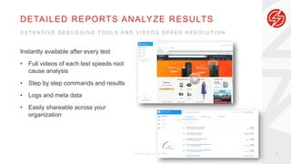 DETAILED REPORTS ANALYZE RESULTS
© Sauce Labs, Inc.
Instantly available after every test
• Full videos of each test speeds root
cause analysis
• Step by step commands and results
• Logs and meta data
• Easily shareable across your
organization
7
E X T E N S I V E D E B U G G I N G T O O L S A N D V I D E O S S P E E D R E S O L U T I O N
 