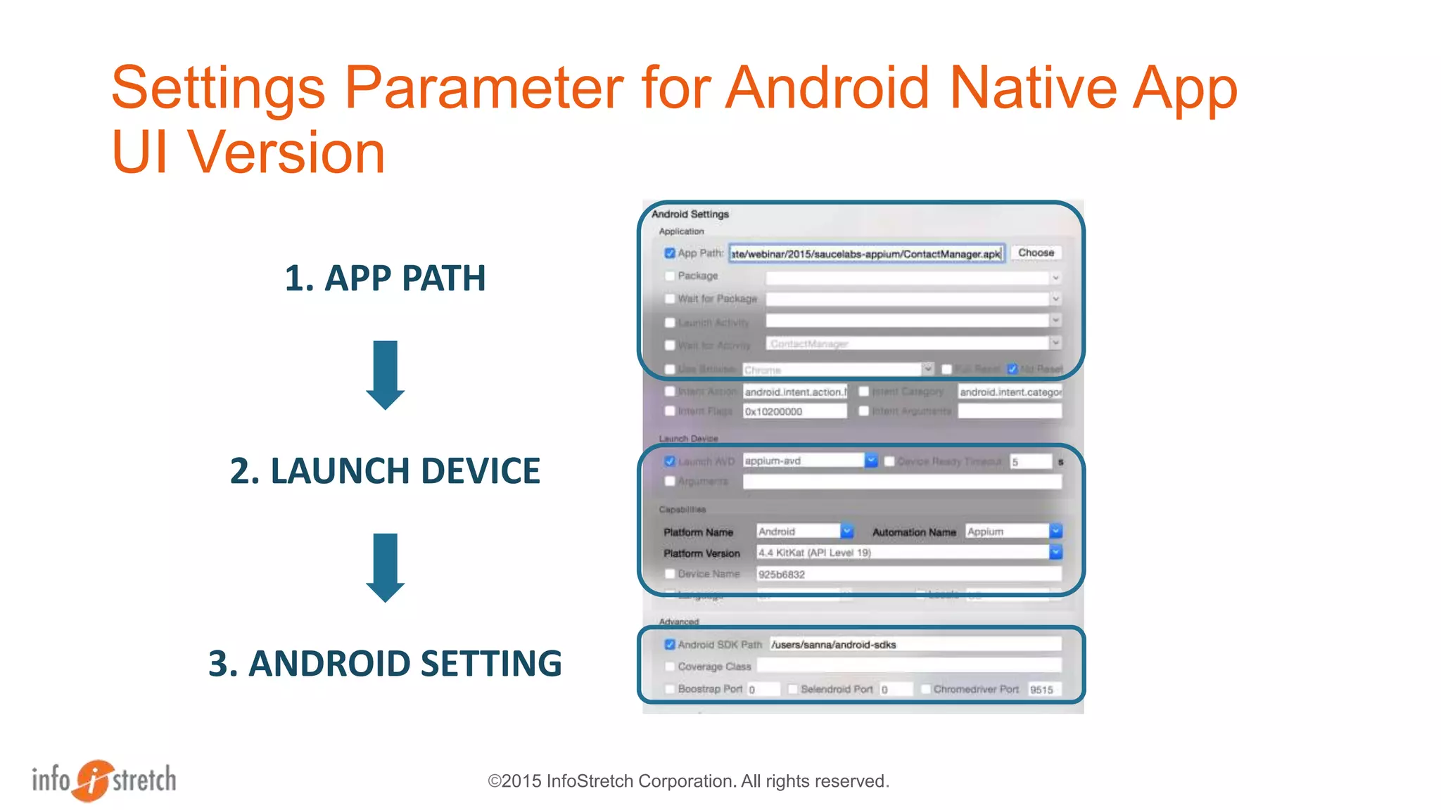 ©2015 InfoStretch Corporation. All rights reserved.
Settings Parameter for Android Native App
UI Version
1. APP PATH
2. LAUNCH DEVICE
3. ANDROID SETTING
 