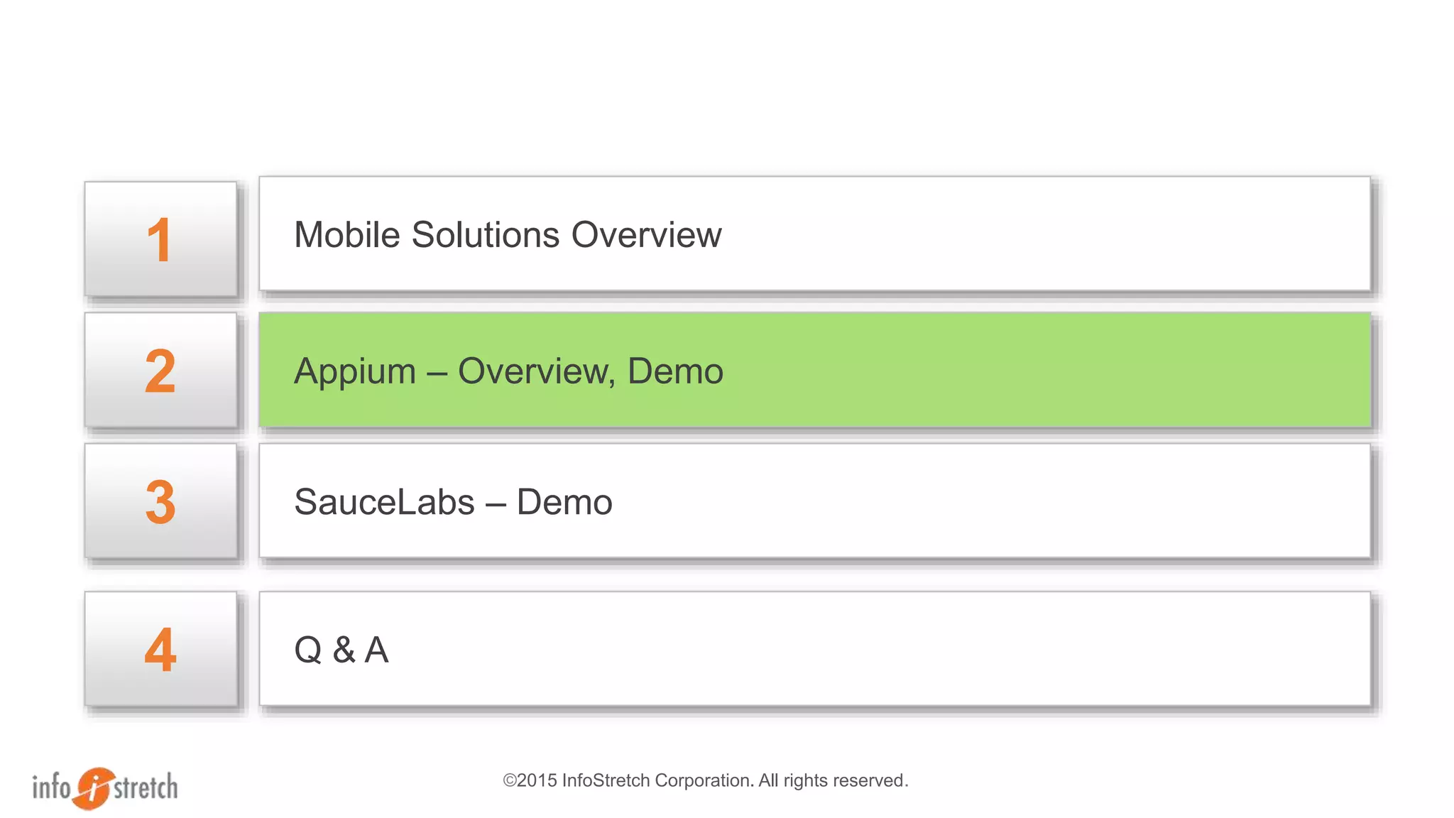 ©2015 InfoStretch Corporation. All rights reserved.
Mobile Solutions Overview
2 Appium – Overview, Demo
3 SauceLabs – Demo
1
4 Q & A
 