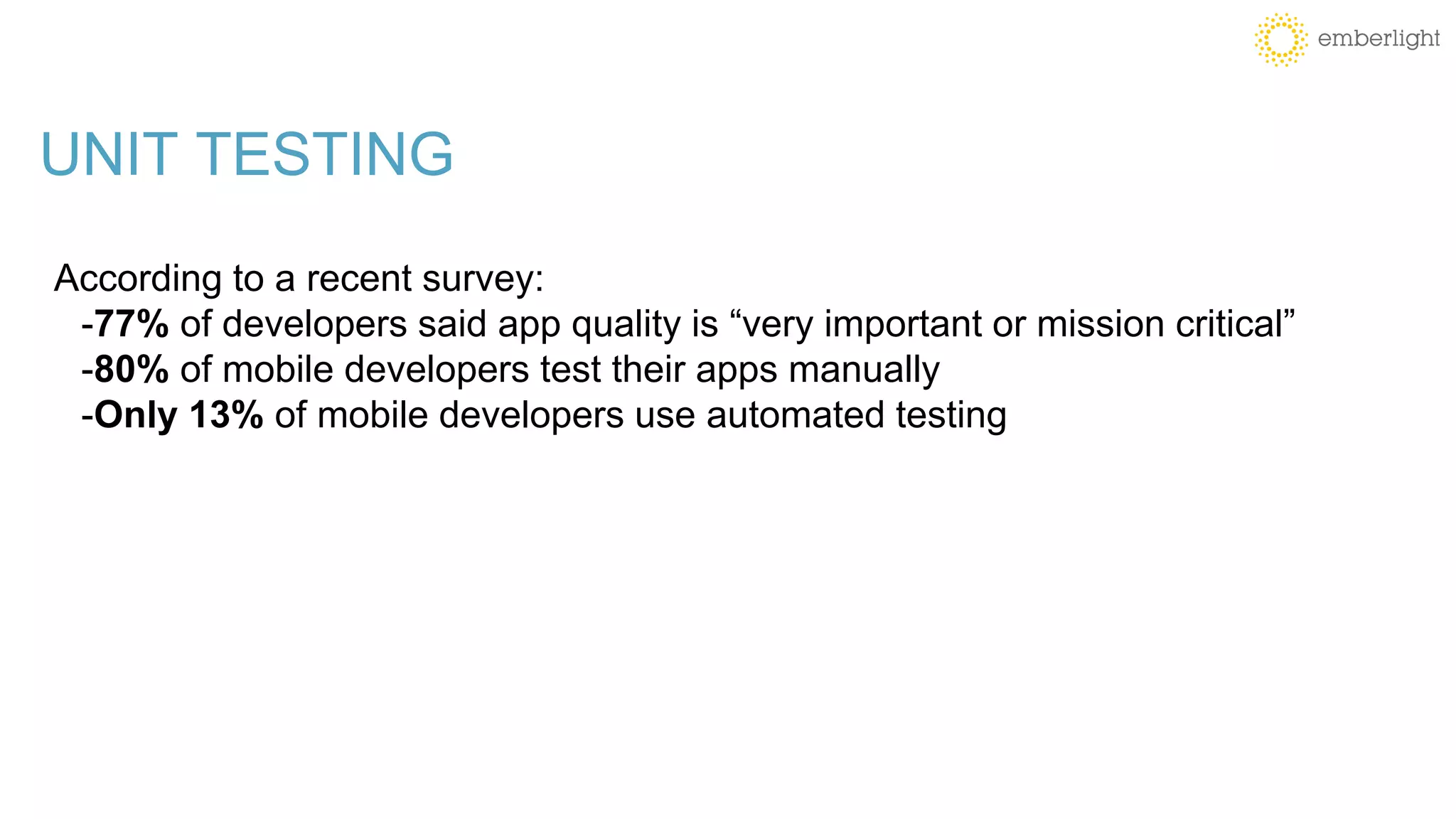 UNIT TESTING
According to a recent survey:
-77% of developers said app quality is “very important or mission critical”
-80% of mobile developers test their apps manually
-Only 13% of mobile developers use automated testing
 