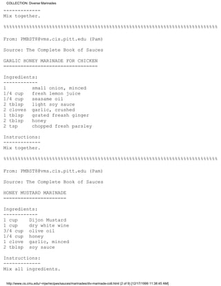 COLLECTION: Diverse Marinades

-------------
Mix together.

%%%%%%%%%%%%%%%%%%%%%%%%%%%%%%%%%%%%%%%%%%%%%%%%%%%%%%%%%%%%%%%%%%%%%%%%%%%

From: PMBST8@vms.cis.pitt.edu (Pam)

Source: The Complete Book of Sauces

GARLIC HONEY MARINADE FOR CHICKEN
=================================

Ingredients:
------------
1         small onion, minced
1/4 cup   fresh lemon juice
1/4 cup   seasame oil
2 tblsp   light soy sauce
2 cloves garlic, crushed
1 tblsp   grated freash ginger
2 tblsp   honey
2 tsp     chopped fresh parsley

Instructions:
-------------
Mix together.

%%%%%%%%%%%%%%%%%%%%%%%%%%%%%%%%%%%%%%%%%%%%%%%%%%%%%%%%%%%%%%%%%%%%%%%%%%%

From: PMBST8@vms.cis.pitt.edu (Pam)

Source: The Complete Book of Sauces

HONEY MUSTARD MARINADE
======================

Ingredients:
------------
1 cup    Dijon Mustard
1 cup    dry white wine
3/4 cup olive oil
1/4 cup honey
1 clove garlic, minced
2 tblsp soy sauce

Instructions:
-------------
Mix all ingredients.


 http://www.cs.cmu.edu/~mjw/recipes/sauces/marinades/div-marinade-coll.html (2 of 9) [12/17/1999 11:38:45 AM]
 