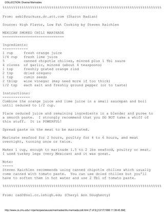 COLLECTION: Diverse Marinades

%%%%%%%%%%%%%%%%%%%%%%%%%%%%%%%%%%%%%%%%%%%%%%%%%%%%%%%%%%%%%%%%%%%%%%%%%%%

From: seb1@zuckuss.dr.att.com (Sharon Badian)

Source: High Flavor, Low Fat Cooking by Steven Raichlen

MEXICAN SMOKED CHILI MARINADE
=============================

Ingredients:
------------
1 cup     fresh orange juice
1/4 cup   fresh lime juice
5         canned chipotle chilies, minced plus 1 Tbl sauce
4 cloves of garlic, minced (about 4 teaspoons)
1 tsp     freshly grated orange rind
2 tsp     dried oregano
1 tsp     cumin seeds
2 tblsp   wine vinegar (may need more if too thick)
1/2 tsp   each salt and freshly ground pepper (or to taste)

Instructions:
-------------
Combine the orange juice and lime juice in a small saucepan and boil
until reduced to 1/2 cup.

Place reduced juice and remaining ingredients in a blender and puree to
a smooth paste. I strongly recommend that you DO NOT take a whiff of
this stuff. It is POWERFUL!

Spread paste on the meat to be marinated.

Marinate seafood for 2 hours, poultry for 4 to 6 hours, and meat
overnight, turning once or twice.

Makes 1 cup, enough to marinade 1.5 to 2 lbs seafood, poultry or meat.
I used turkey legs (very Mexican) and it was great.

Note:
-----
Steven Raichlen recommends using canned chipotle chilies which usually
come canned with tomato paste. You can use dried chilies but you'll
have to soften them in hot water and use 2 Tbl of tomato paste.

%%%%%%%%%%%%%%%%%%%%%%%%%%%%%%%%%%%%%%%%%%%%%%%%%%%%%%%%%%%%%%%%%%%%%%%%%%%

From: cad3@ns1.cc.lehigh.edu (Cheryl Ann Dougherty)



 http://www.cs.cmu.edu/~mjw/recipes/sauces/marinades/div-marinade-coll.html (7 of 9) [12/17/1999 11:38:45 AM]
 