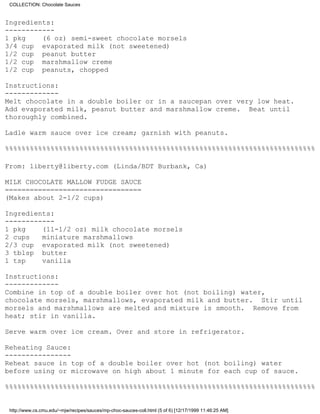 COLLECTION: Chocolate Sauces


Ingredients:
------------
1 pkg    (6 oz) semi-sweet chocolate morsels
3/4 cup evaporated milk (not sweetened)
1/2 cup peanut butter
1/2 cup marshmallow creme
1/2 cup peanuts, chopped

Instructions:
-------------
Melt chocolate in a double boiler or in a saucepan over very low heat.
Add evaporated milk, peanut butter and marshmallow creme. Beat until
thoroughly combined.

Ladle warm sauce over ice cream; garnish with peanuts.

%%%%%%%%%%%%%%%%%%%%%%%%%%%%%%%%%%%%%%%%%%%%%%%%%%%%%%%%%%%%%%%%%%%%%%%%%%%

From: liberty@liberty.com (Linda/BDT Burbank, Ca)

MILK CHOCOLATE MALLOW FUDGE SAUCE
=================================
(Makes about 2-1/2 cups)

Ingredients:
------------
1 pkg    (11-1/2 oz) milk chocolate morsels
2 cups   miniature marshmallows
2/3 cup evaporated milk (not sweetened)
3 tblsp butter
1 tsp    vanilla

Instructions:
-------------
Combine in top of a double boiler over hot (not boiling) water,
chocolate morsels, marshmallows, evaporated milk and butter. Stir until
morsels and marshmallows are melted and mixture is smooth. Remove from
heat; stir in vanilla.

Serve warm over ice cream. Over and store in refrigerator.

Reheating Sauce:
----------------
Reheat sauce in top of a double boiler over hot (not boiling) water
before using or microwave on high about 1 minute for each cup of sauce.

%%%%%%%%%%%%%%%%%%%%%%%%%%%%%%%%%%%%%%%%%%%%%%%%%%%%%%%%%%%%%%%%%%%%%%%%%%%


 http://www.cs.cmu.edu/~mjw/recipes/sauces/mp-choc-sauces-coll.html (5 of 6) [12/17/1999 11:46:25 AM]
 