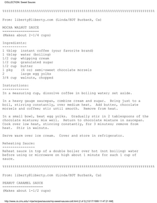 COLLECTION: Sweet Sauces


%%%%%%%%%%%%%%%%%%%%%%%%%%%%%%%%%%%%%%%%%%%%%%%%%%%%%%%%%%%%%%%%%%%%%%%%%%%

From: liberty@liberty.com (Linda/BDT Burbank, Ca)

MOCHA WALNUT SAUCE
==================
(Makes about 2-1/4 cups)

Ingredients:
------------
1 tblsp instant coffee (your favorite brand)
1 tblsp water (boiling)
1/2 cup whipping cream
1/2 cup granulated sugar
1/2 cup butter
1 pkg    (6 oz) semi-sweet chocolate morsels
2        large egg yolks
3/4 cup walnuts, chopped

Instructions:
-------------
In a measuring cup, dissolve coffee in boiling water; set aside.

In a heavy gauge saucepan, combine cream and sugar. Bring just to a
boil, stirring constantly, over medium heat. Add butter, chocolate
morsels and coffee; stir until smooth. Remove from heat.

In a small bowl, beat egg yolks. Gradually stir in 2 tablespoons of the
chocolate mixture; mix well. Return to chocolate mixture in saucepan.
Cook over low heat, stirring constantly, for 3 minutes; remove from
heat. Stir in walnuts.

Serve warm over ice cream.                         Cover and store in refrigerator.

Reheating Sauce:
----------------
Reheat sauce in top of a double boiler over hot (not boiling) water
before using or microwave on high about 1 minute for each 1 cup of
sauce.

%%%%%%%%%%%%%%%%%%%%%%%%%%%%%%%%%%%%%%%%%%%%%%%%%%%%%%%%%%%%%%%%%%%%%%%%%%%

From: liberty@liberty.com (Linda/BDT Burbank, Ca)

PEANUT CARAMEL SAUCE
====================
(Makes about 1-1/2 cups)


 http://www.cs.cmu.edu/~mjw/recipes/sauces/mp-sweet-sauces-coll.html (2 of 3) [12/17/1999 11:47:21 AM]
 